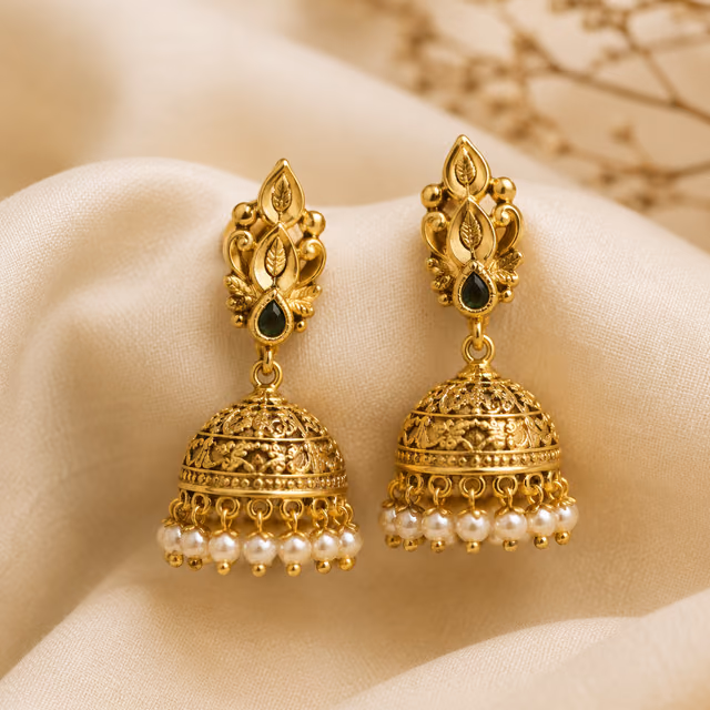 Gold jhumka earrings with green stones and pearl fringe on silk.