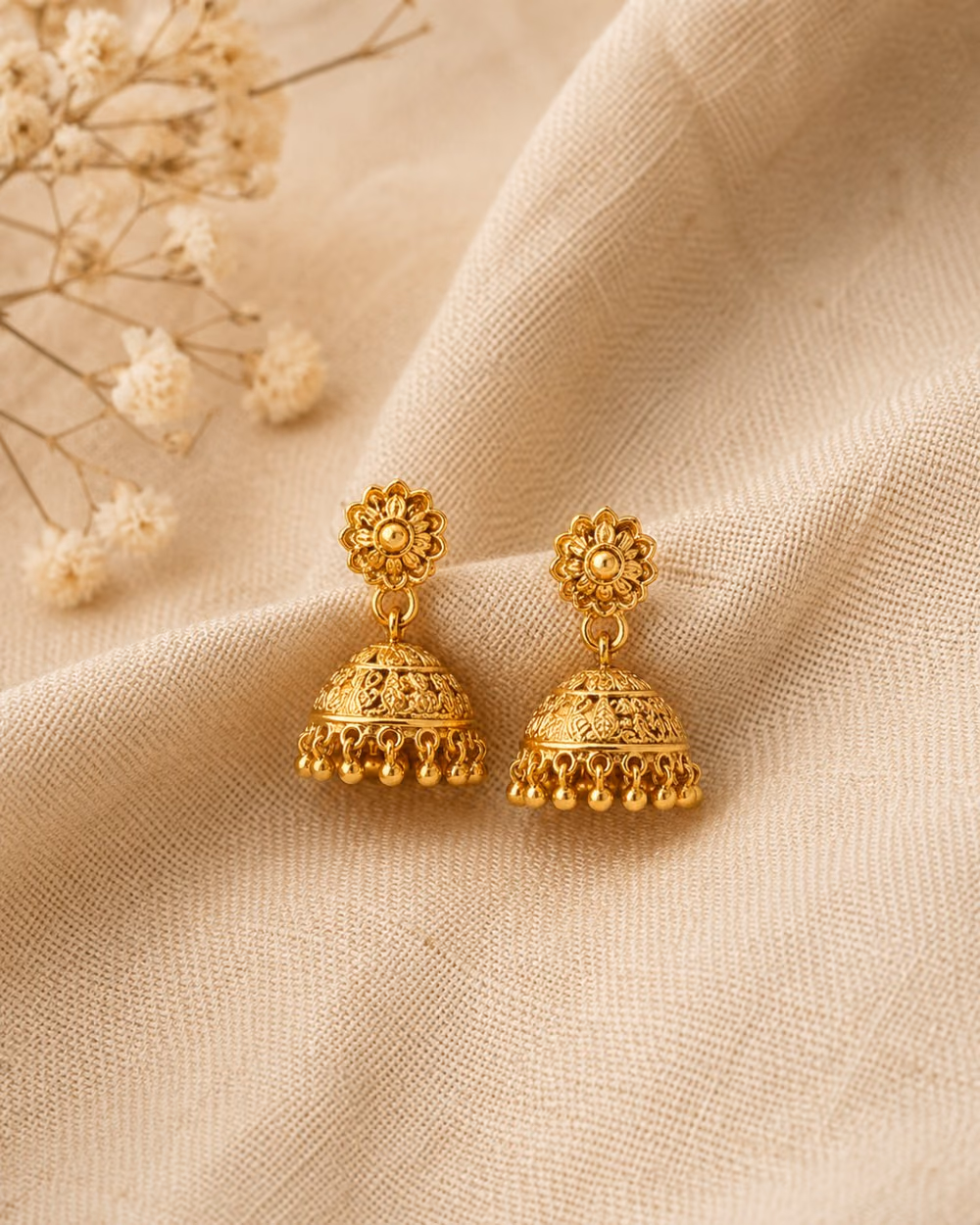 Mini gold jhumka drop earrings in a compact bell shape.