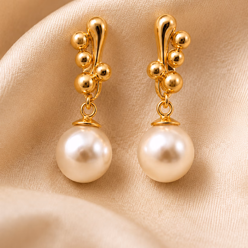 Gold pearl drop earrings resting on cream silk.