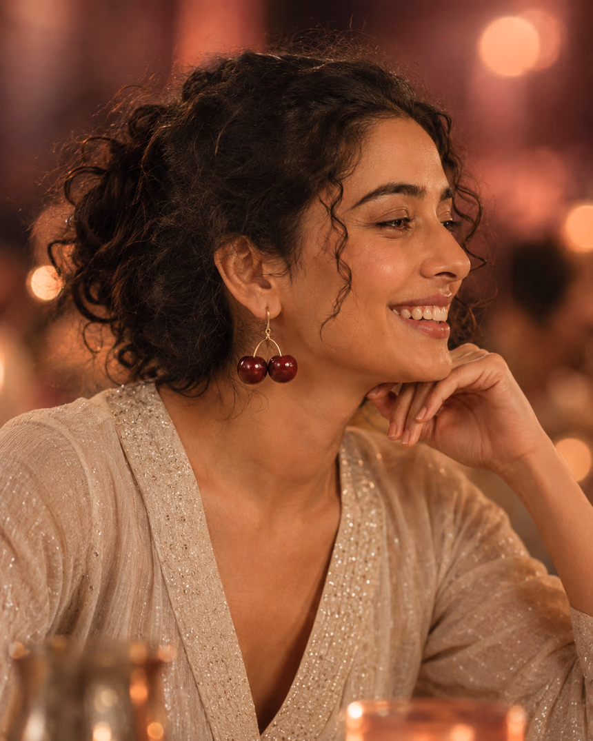 Woman laughing in candlelight, wearing cherry-red drop earrings.